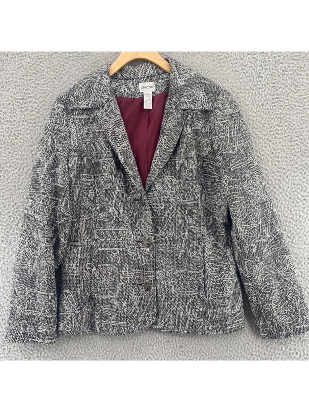 Chicos Blazer Womens 0 US Hali Small Black Silver Metallic Stitched Wool Blend